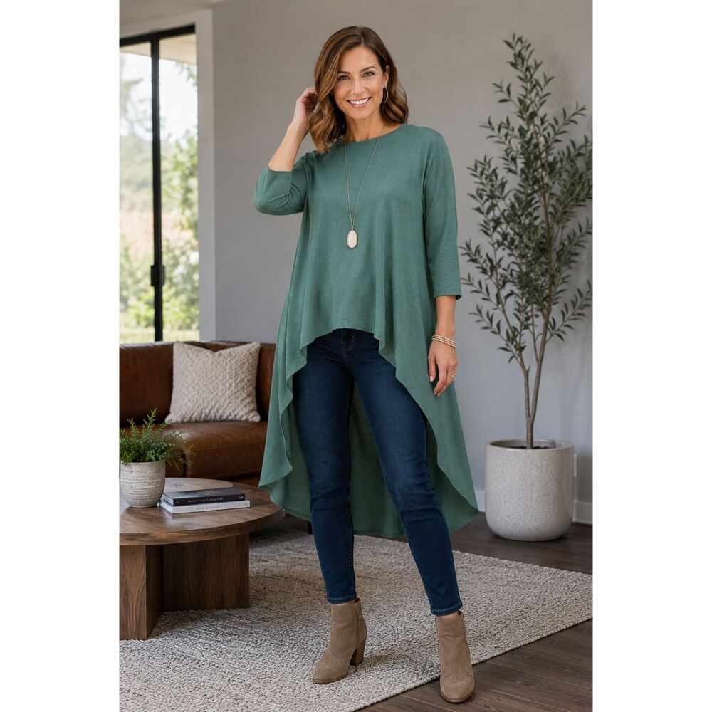 Camille & Co. XL High Low Tunic Green 3/4 Sleeve Handkerchief Hem Boho Stretch